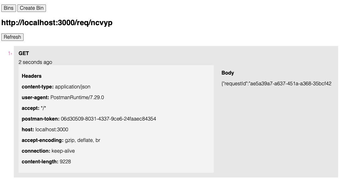HookScope: webhook bin showing a captured GET request with headers and body